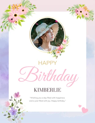 Free  Template: Pastel Floral Watercolor Happy Birthday Poster