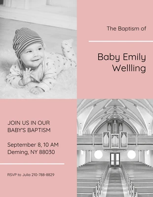 Free  Template: Convite de batismo de bebê rosa e branco em grade
