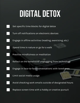 Free  Template: Black And White Simple Digital Detox Daily Checklist