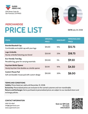 Free  Template: Plantilla de lista de precios de mercancía