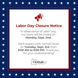 Free  Template: Labor Day Store Hours and Closure Instagram Post