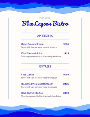 Free  Template: قائمة المأكولات البحرية بنمط الموجة البيج والأزرق