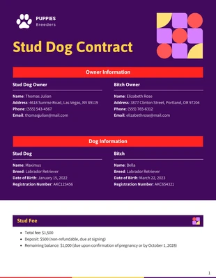 business  Template: Modelo de Contrato de Stud Dog