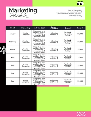 Free  Template: Magenta and Light Green Pop Color Marketing Schedule Template
