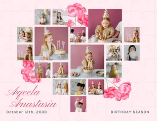 Free  Template: Light Pink Cute Floral Birthday Heart Shaped Collages