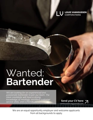 Free  Template: Bartender Position Wanted Poster