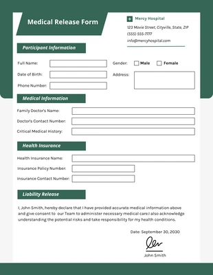 Free  Template: Medical Release Form