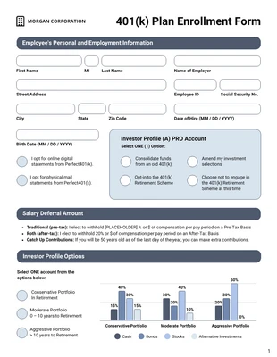 Free  Template: Modelo de formulário de inscrição 401 (k) para impressão