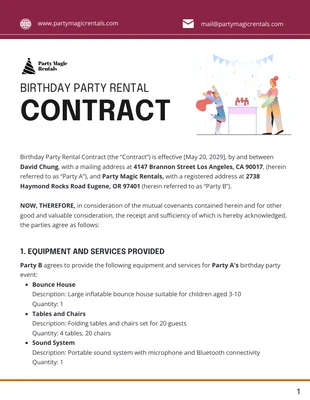Free  Template: Birthday Party Rental Contract Template