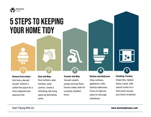 business  Template: Infografik „5 Schritte, um Ihr Zuhause aufgeräumt zu halten“.