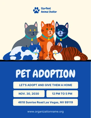 Free  Template: Póster Adopción de mascotas con ilustración linda de color amarillo claro y azul marino