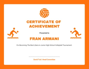 Free  Template: Certificado esportivo minimalista de vôlei branco e laranja