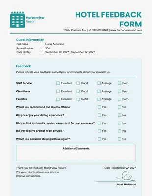 business  Template: White and Teal Minimalist Hotel Feedback Forms