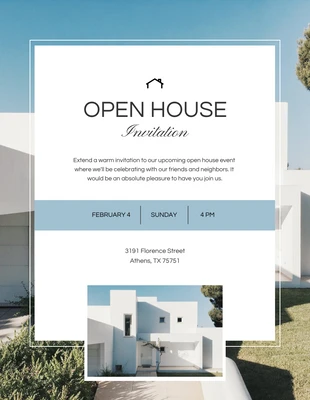 Free  Template: Convite minimalista branco e azul claro para casa aberta