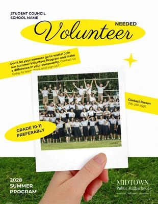 Free  Template: الملصق التطوعي لمجلس طلاب برنامج الصيف الأصفر