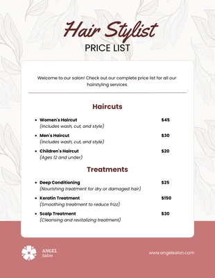 Free  Template: Plantilla de lista de precios para estilista de cabello