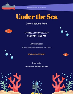 Free  Template: Purple Dive Under The Sea Illustrated Costume Party Invitations