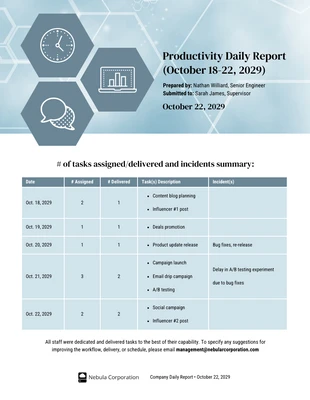 business  Template: Hellblauer Produktivitäts-Tagesbericht