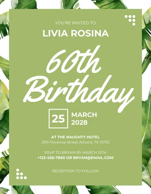 Free  Template: Invitación de cumpleaños número 60 con ilustración moderna en blanco y verde