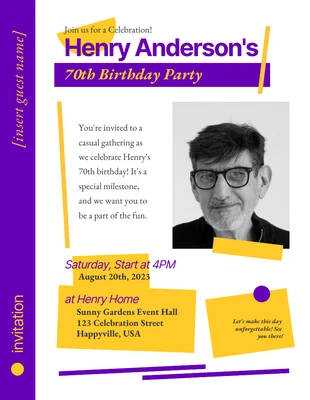 Free  Template: Invitation Simple et ludique jaune violet 70e anniversaire