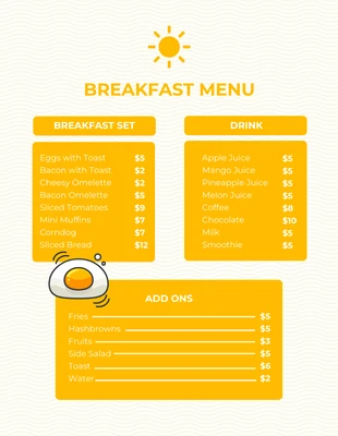Free  Template: Beige und gelbes, minimalistisches, verspieltes Illustrations-Frühstücksmenü