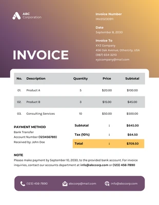 business  Template: Gradient Purple Yellow and White Minimalist Business Invoice