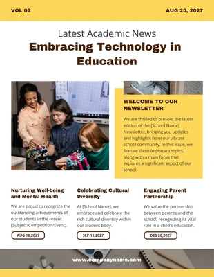 Free  Template: Gelber und weißer moderner einfacher Schul-Newsletter