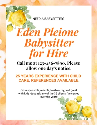 Orange Modern Watercolor Babysitter Flyer