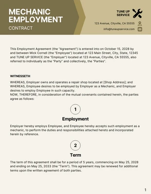 Free  Template: Mechanic Employment Contract Template