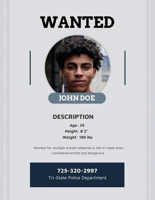 Free  Template: Elegant Grey and Blue Wanted Poster