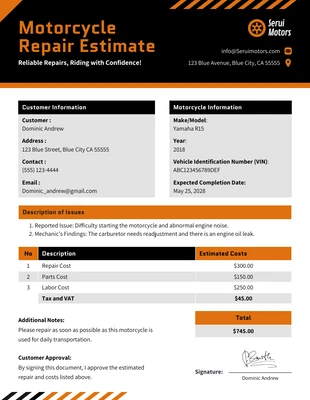 Free  Template: Plantilla de estimación de reparación de motocicletas