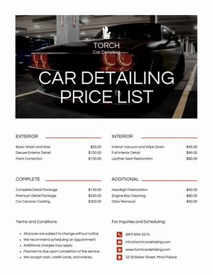 Free  Template: Listas de preços com detalhes de carros modernos em vermelho e branco