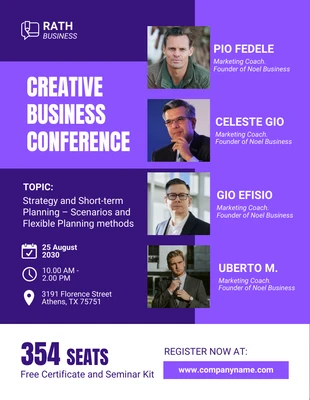 Free  Template: Folleto de evento de conferencia de negocios moderno azul y púrpura
