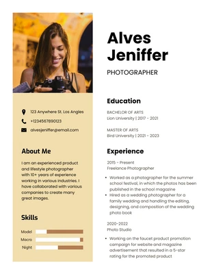 Free  Template: White And Yellow Clean Minimal Aesthetic Photographer Resume