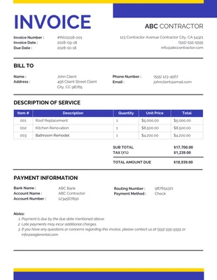 Free  Template: Simple Clean Yellow and Blue Contractor Invoice