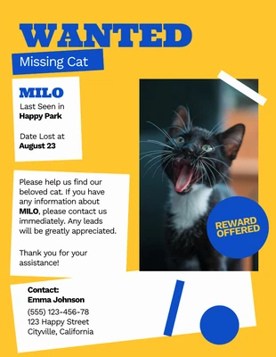 Free  Template: Poster ricercato gatto giallo blu scomparso