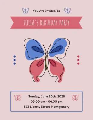 Free  Template: Invitación de cumpleaños con ilustración de mariposa rosa simple