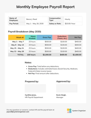 Free interactive Template: Modelo de Relatório de Resumo de Folha de Pagamento de Funcionários