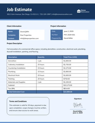 Free  Template: Plantilla de estimación de trabajo