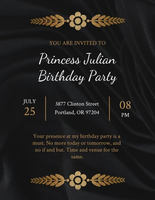 Free  Template: Invito alla festa di compleanno della principessa in nero e oro, minimalista e glamour di lusso