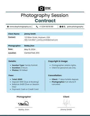 Free  Template: Photography Session Contract