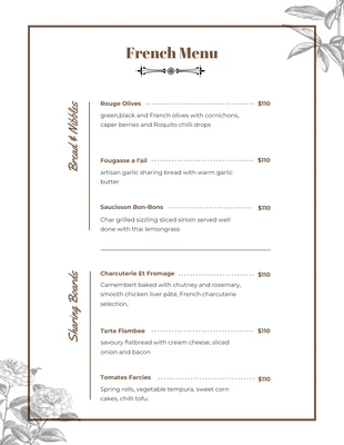 Free  Template: White And Brown Minimalist Aesthetic French Menu