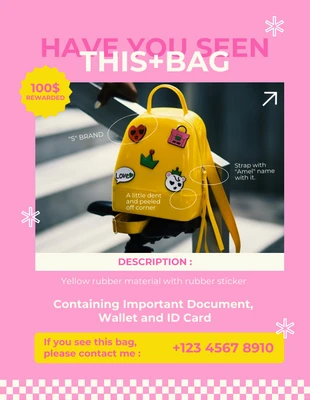 Free  Template: Cute Pink Cream and Yellow Lost Bag Poster