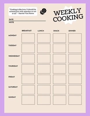 Free  Template: Lista di cucina settimanale viola e crema