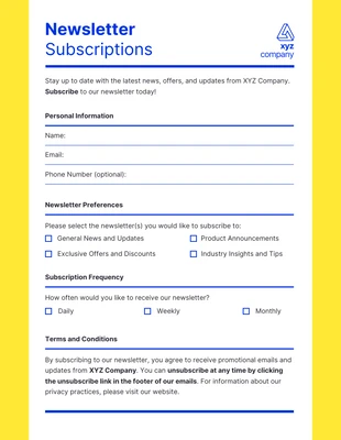 business  Template: Formulaire d'abonnement simple à la newsletter jaune et bleue
