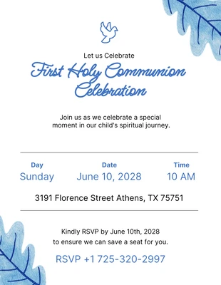 Free  Template: Einfache weiß-blaue Einladung zur Erstkommunion