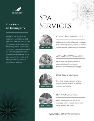 business  Template: Elegant Emerald Green SPA Price Lists