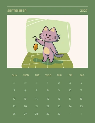Free  Template: Green Cat Calendar 2027 Template