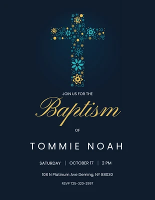 Free  Template: Convite Igreja de Batismo Azul Escuro e Dourado