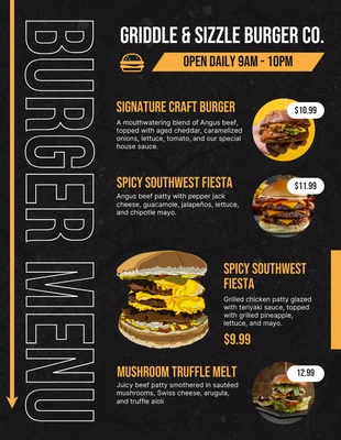 business  Template: Menu de hambúrguer moderno preto e laranja